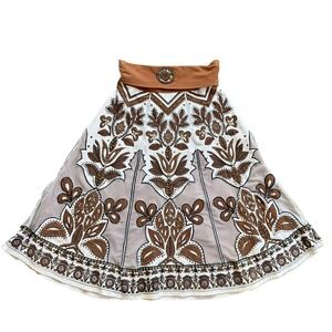 Basil & Maude Boho Beaded Studded Midi Skirt Brown White‎ Floral Festival L/XL